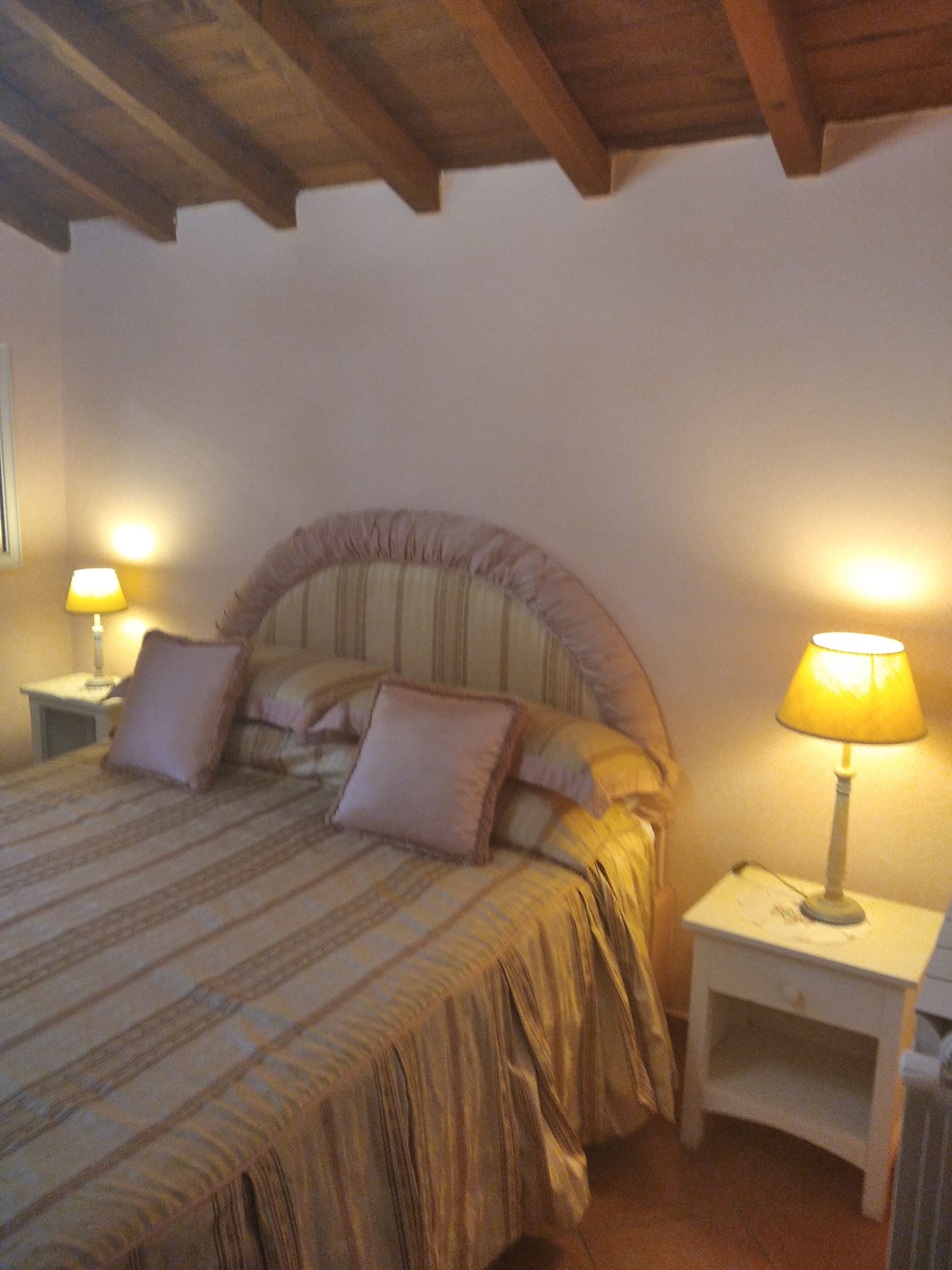Een slaapkamer met een bed, twee nachtkastjes en een lamp op elk kastje.