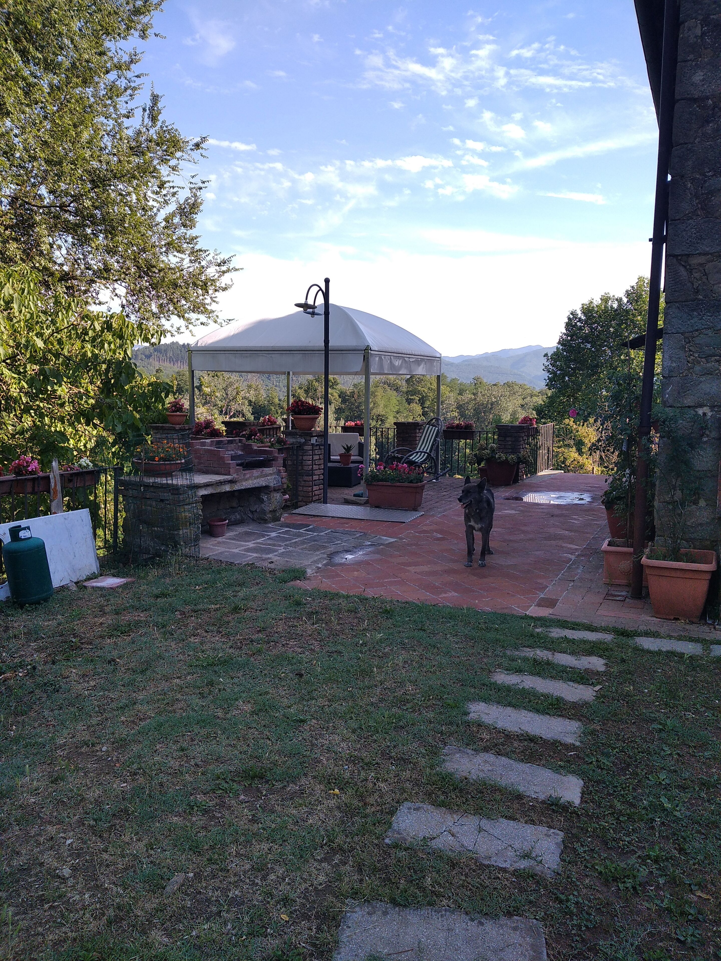 A covered patio area with a stone pathway leading to a seating area under a white canopy.
