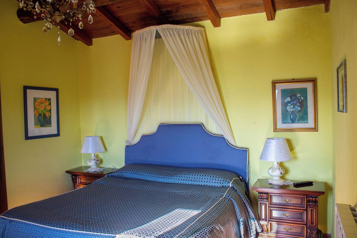 A bedroom with a bed, two bedside tables with lamps, a canopy bed, and two framed pictures on the wall.
