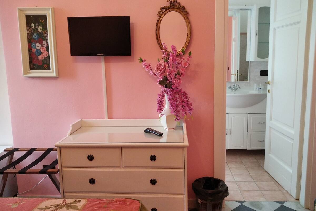 A pink-themed room with a TV, dresser, mirror, and a small vase of flowers.