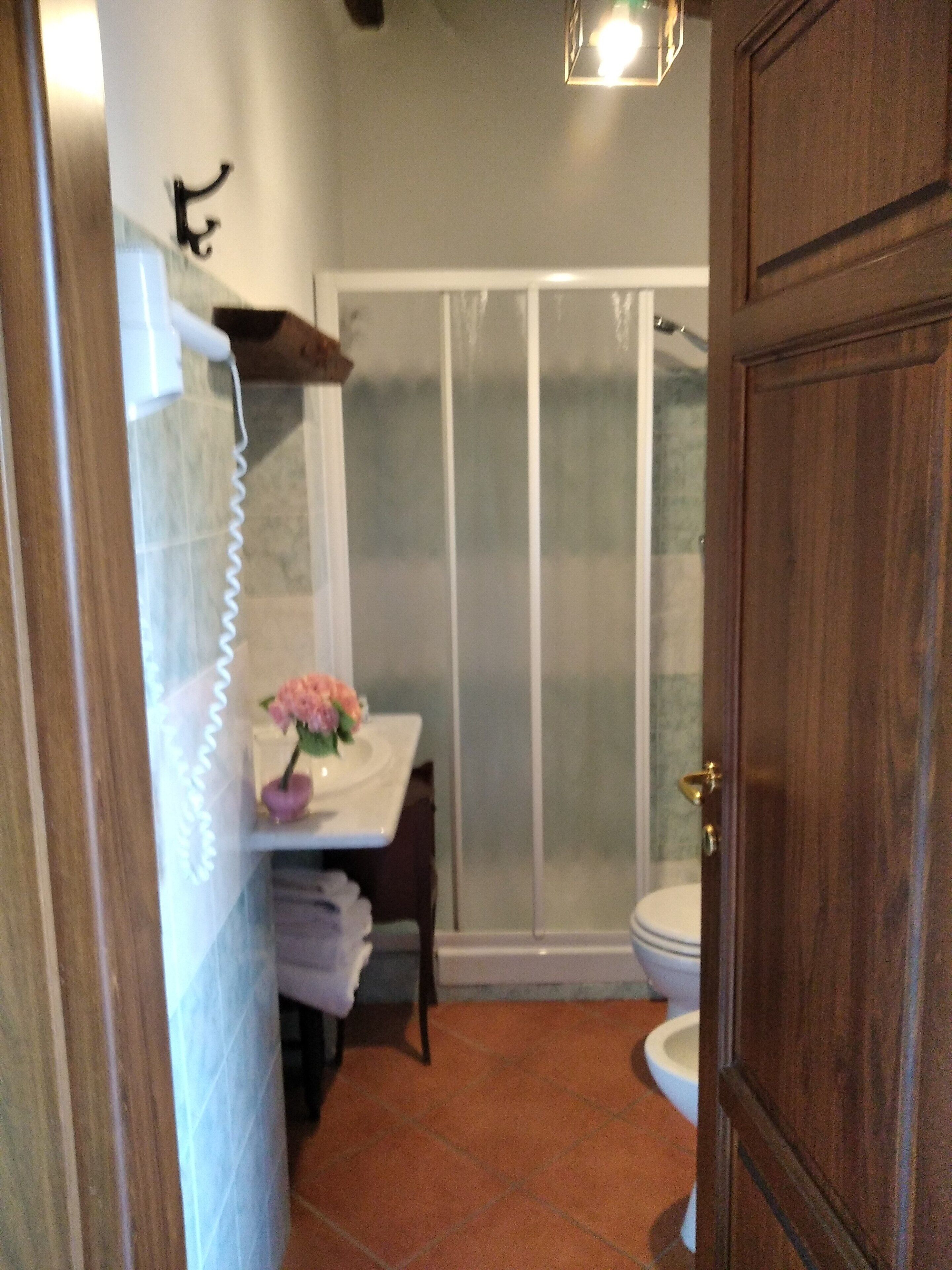 A bathroom with a toilet, a shower, and a sink with a vase of flowers.