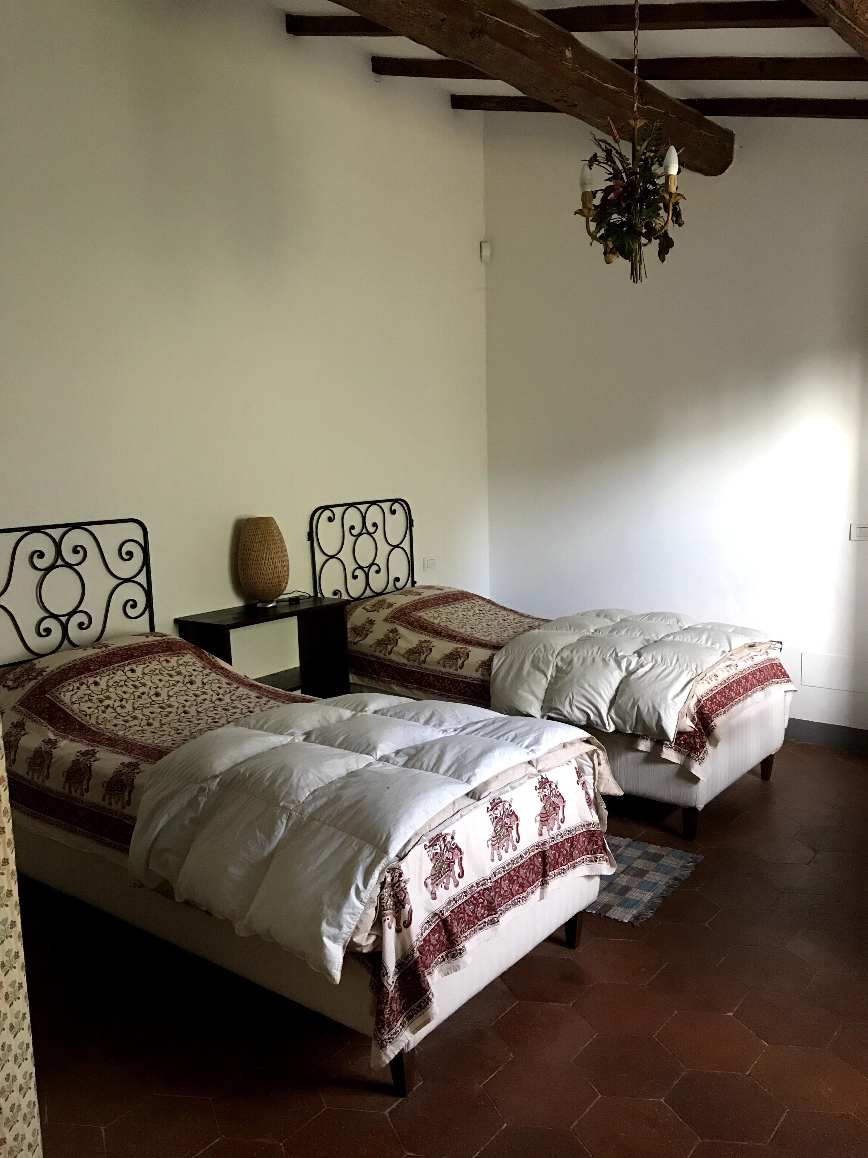 A bedroom with two beds, a hanging plant, and a tiled floor.