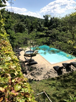 Una piscina rectangular con una terraza de piedra, rodeada de abundante vegetación y árboles.