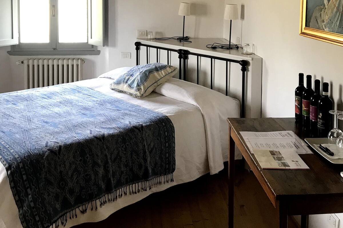 Un dormitorio con cama, escritorio, radiador y ventana.
