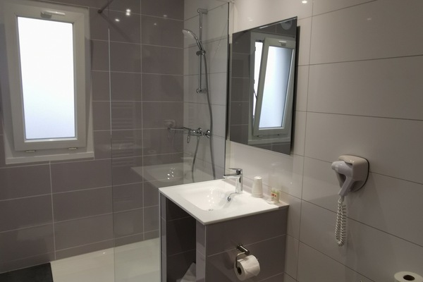 Combined shower/tub, hair dryer, towels