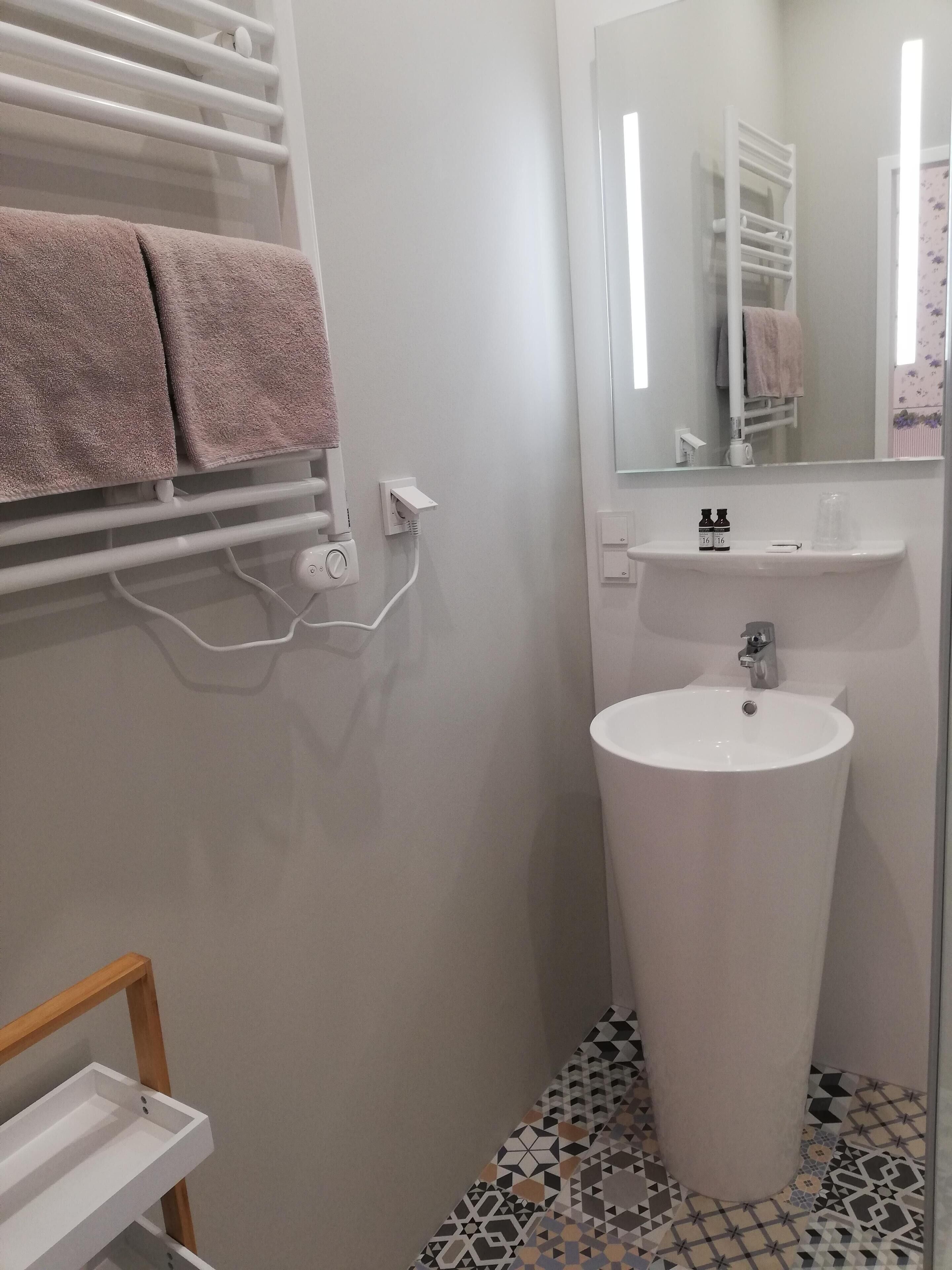 superior double room | bathroom | shower, free toiletries, hair dryer, towels