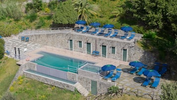 Seasonal outdoor pool, pool umbrellas, sun loungers