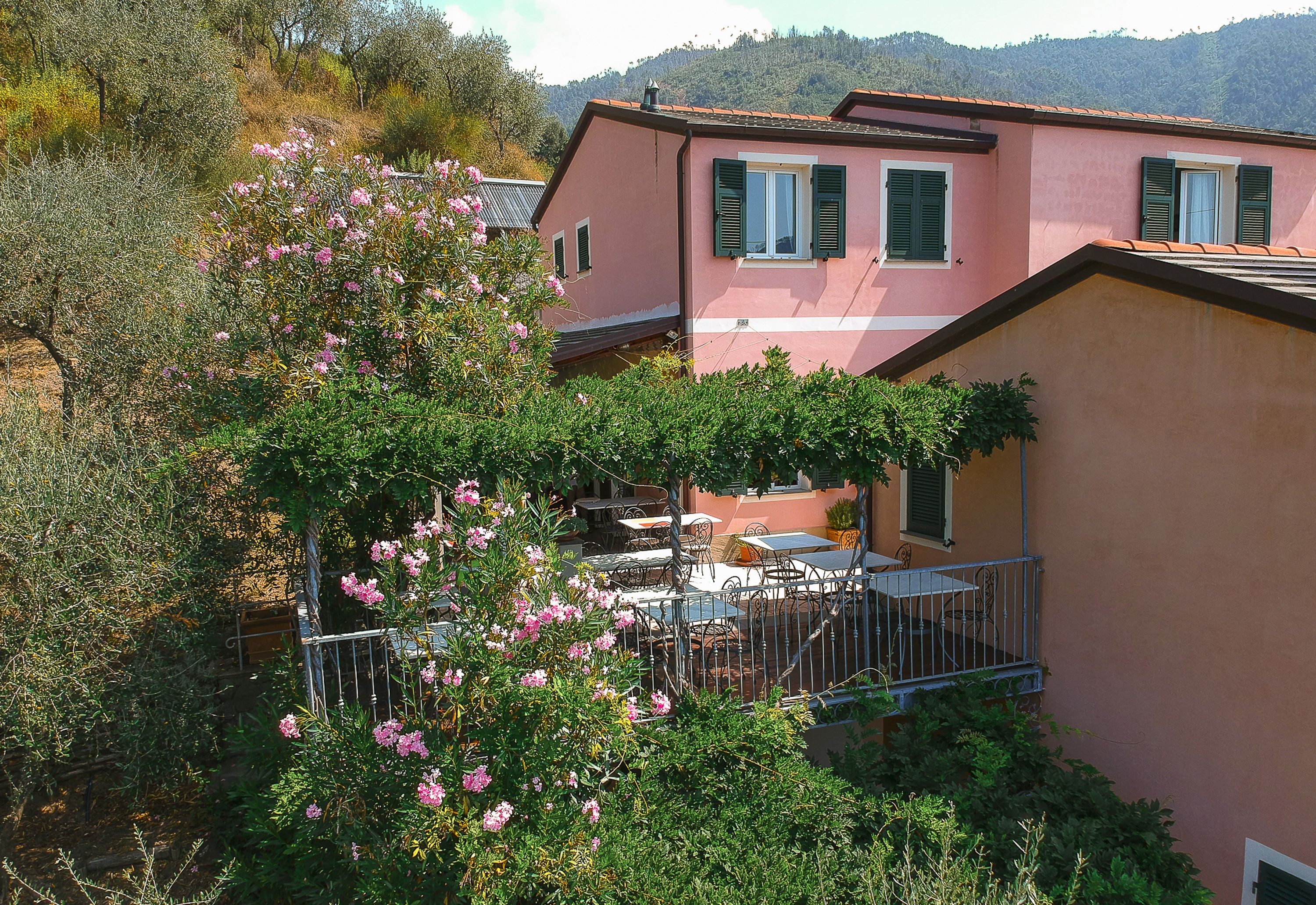 Una villa rosa con balcón, rodeada de exuberante vegetación y plantas florecientes.