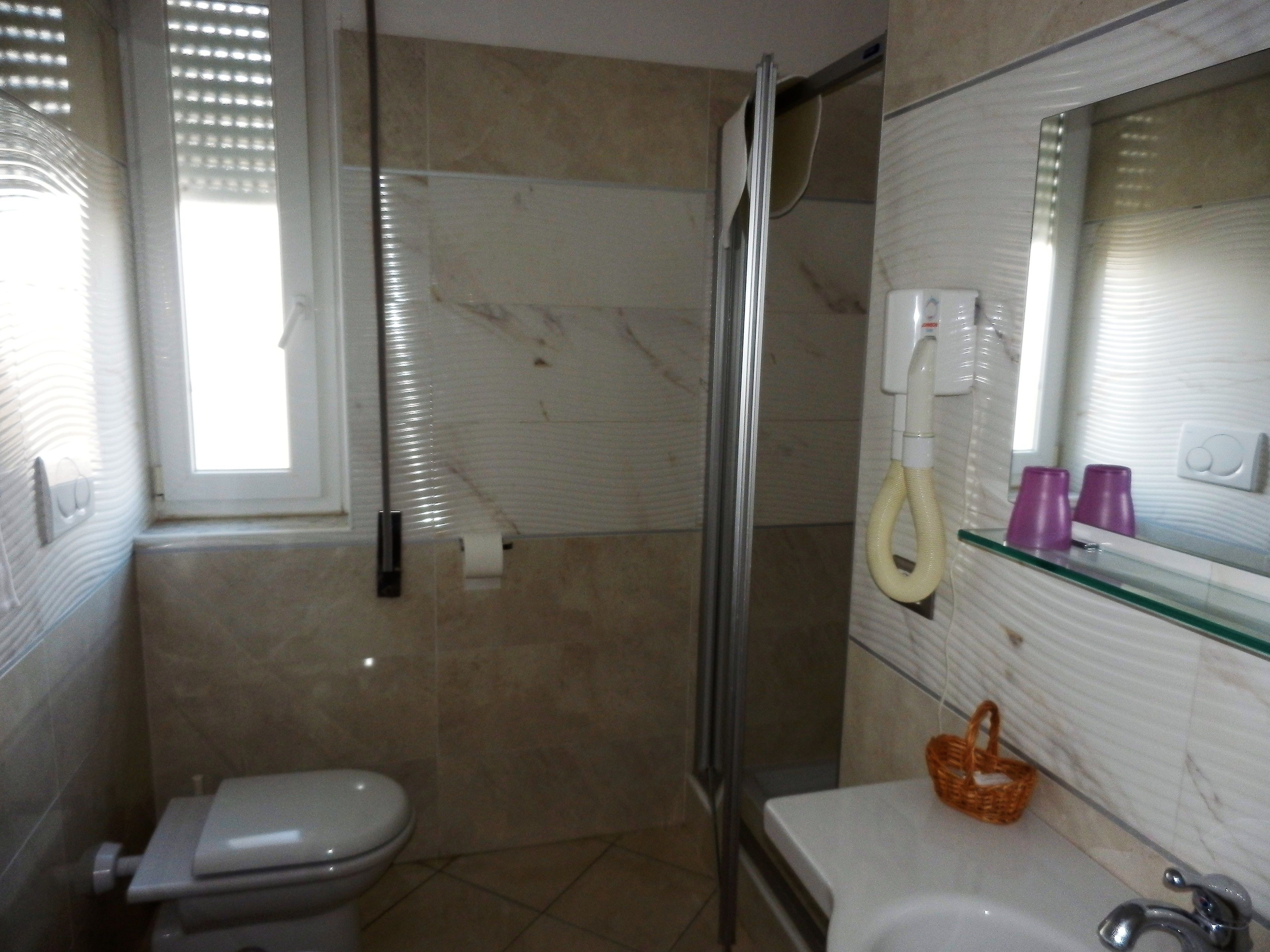 A bathroom with a toilet, a glass shower enclosure, a sink with a mirror, and a towel rack.