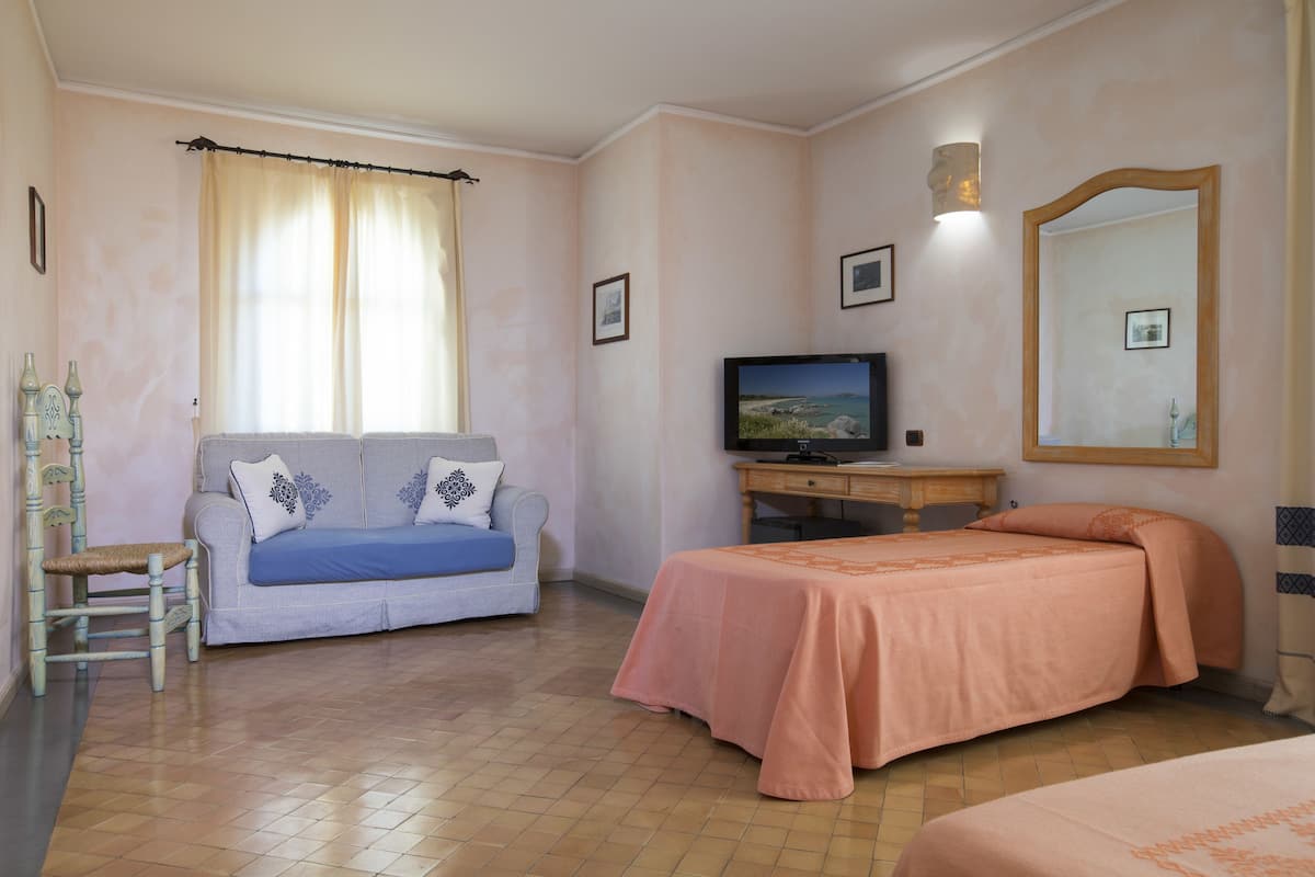 Un dormitorio con cama, sofá, escritorio y televisión, además de un espejo.