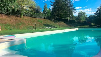 Seasonal outdoor pool, a rooftop pool, pool umbrellas, sun loungers