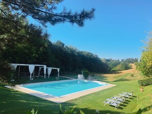 Piscine extérieure en saison, piscine sur le toit, parasols