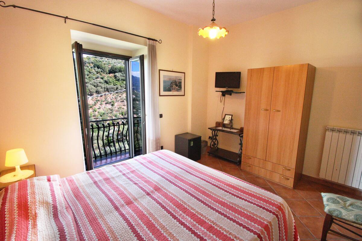 A bedroom with a bed, a television, a wardrobe, a desk, and a balcony with a view of the hills.