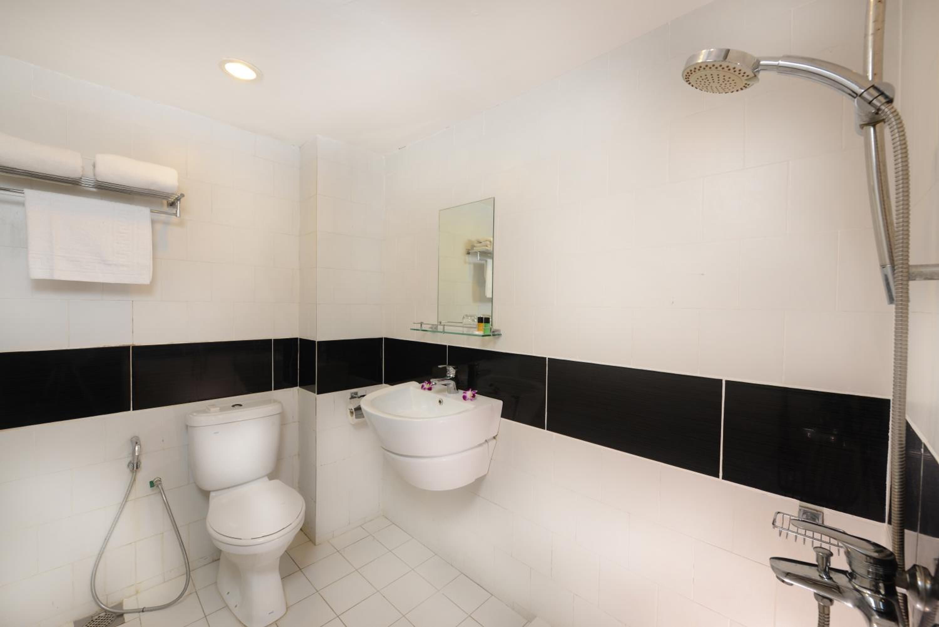 A modern bathroom with a toilet, bidet, and a shower.