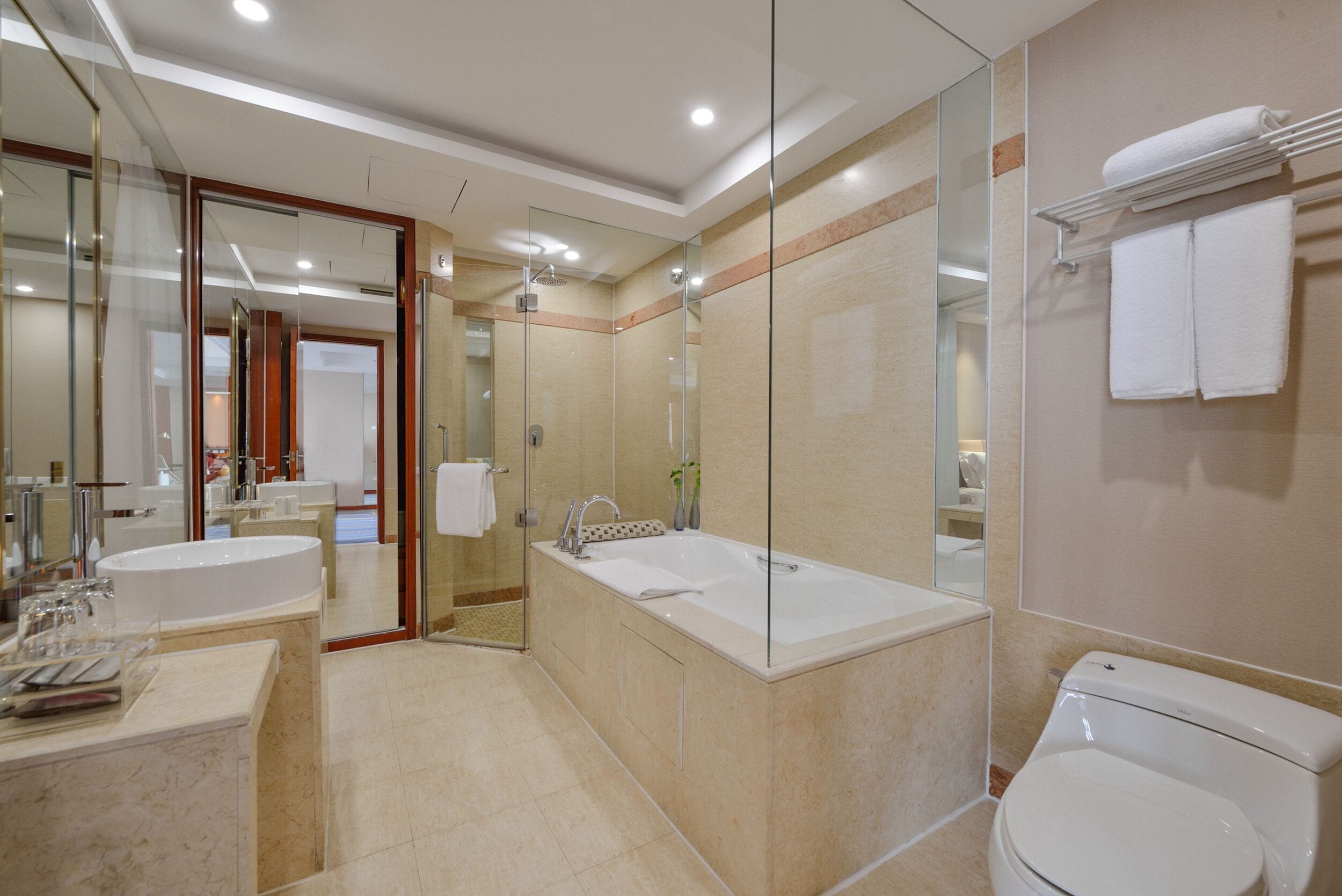 Un baño moderno con ducha envuelta en vidrio, una bañera grande, un inodoro y un lavamanos.