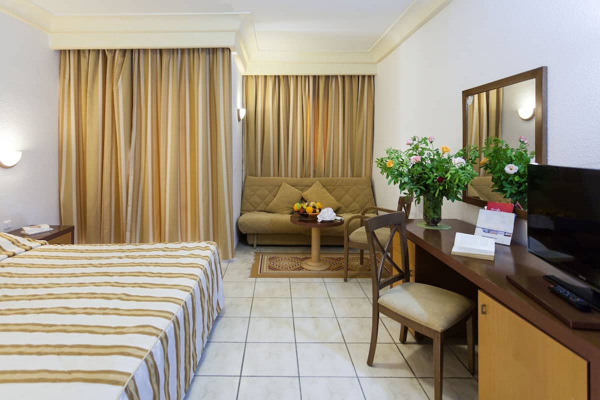 A hotel room with a bed, a sofa, a desk with a TV, and a vase with flowers.