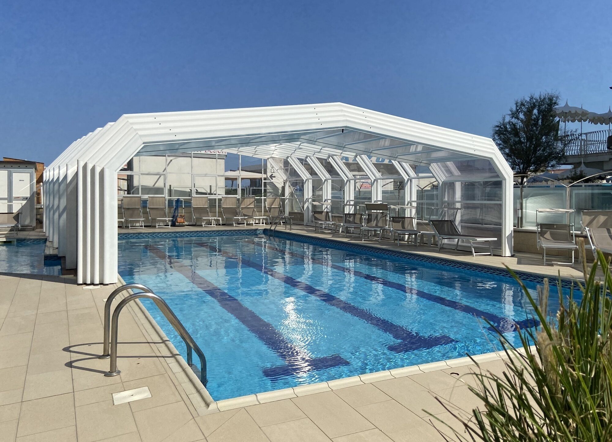 indoor pool, seasonal outdoor pool, pool loungers