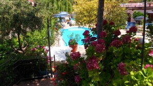 Ein Poolbereich mit freiem Blick auf das Wasser, umgeben von üppigem Grün und blühenden Pflanzen.