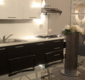 Presidential Apartment | Private kitchen | Microwave, stovetop, cookware/dishes/utensils, freezer