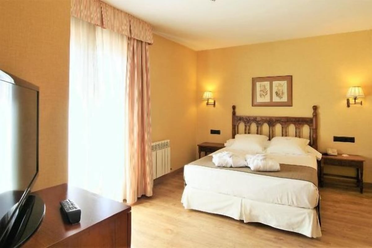Een hotelkamer met een bed, nachtkastjes, een televisie en een raam met gordijnen.