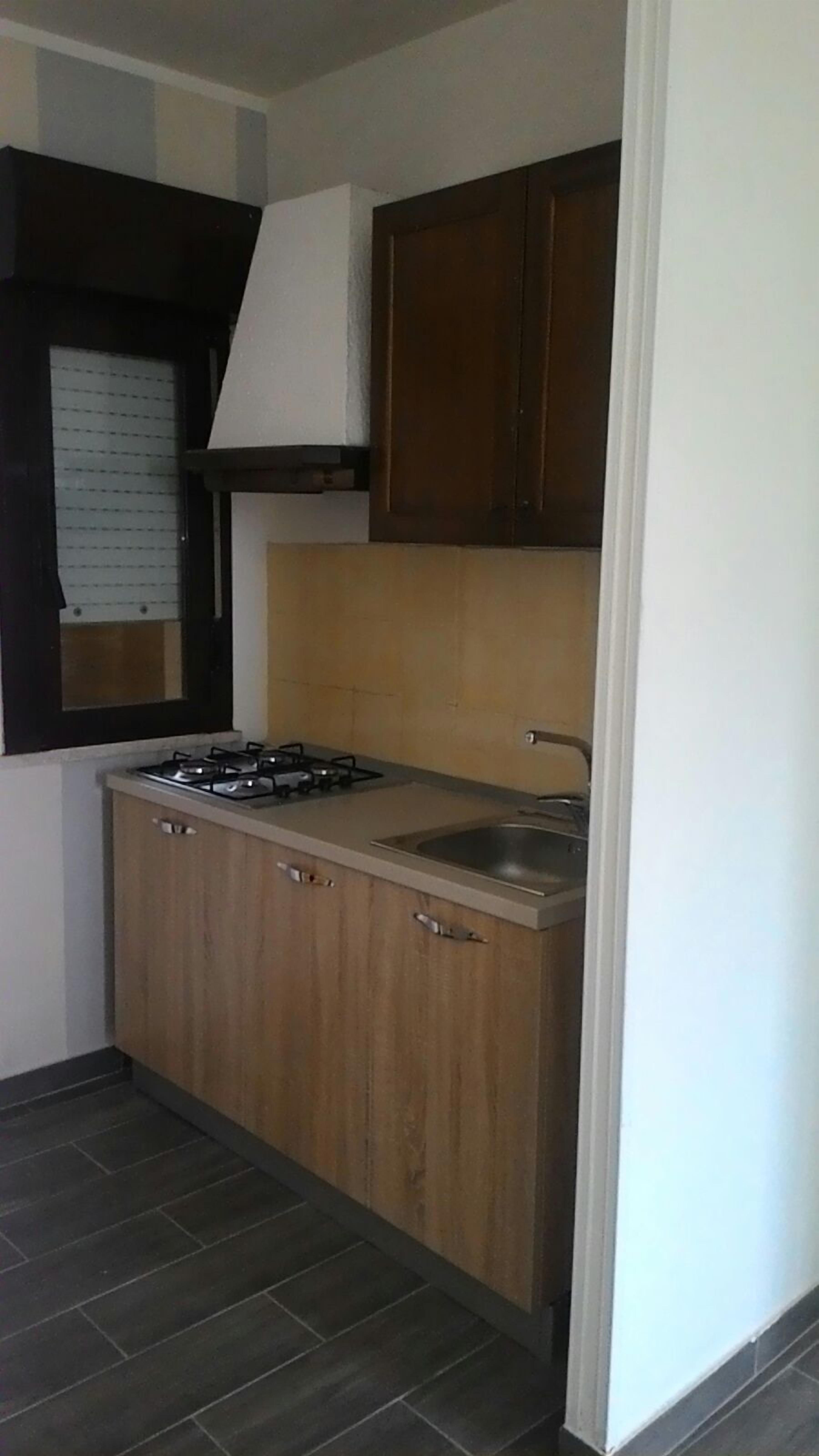 Une cuisine de taille réduite, avec des meubles de rangement en bois, une cuisinière à gaz et un évier.