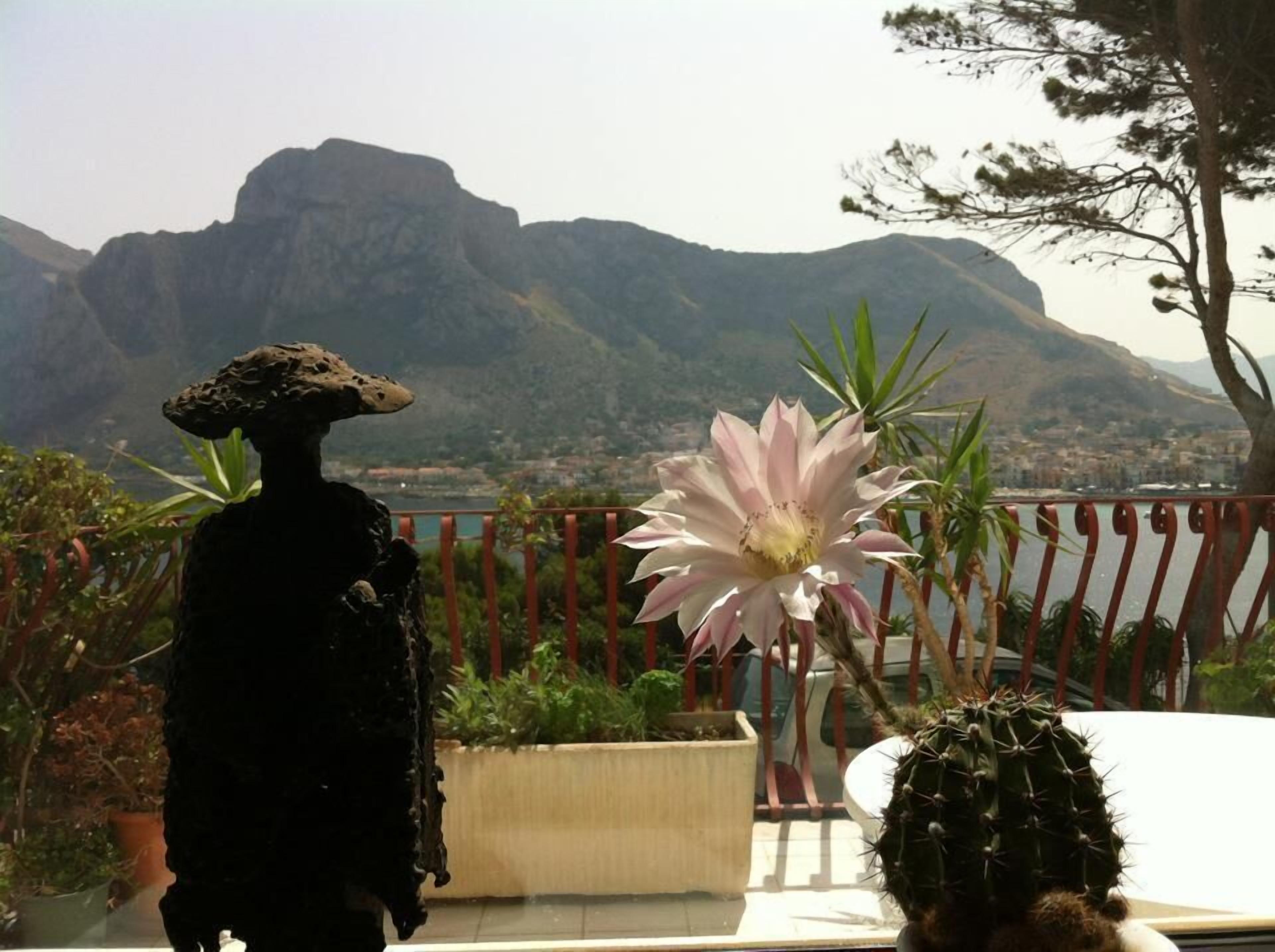 A statue of a person with a hat, a cactus, and a flower in a garden with a mountain view.