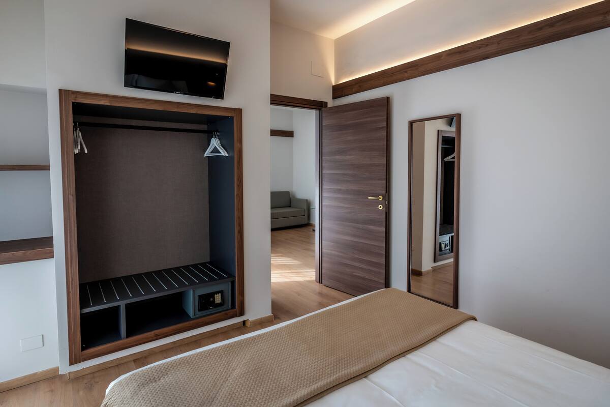 A bedroom with a bed, a walk-in closet, a TV, and a mirror.