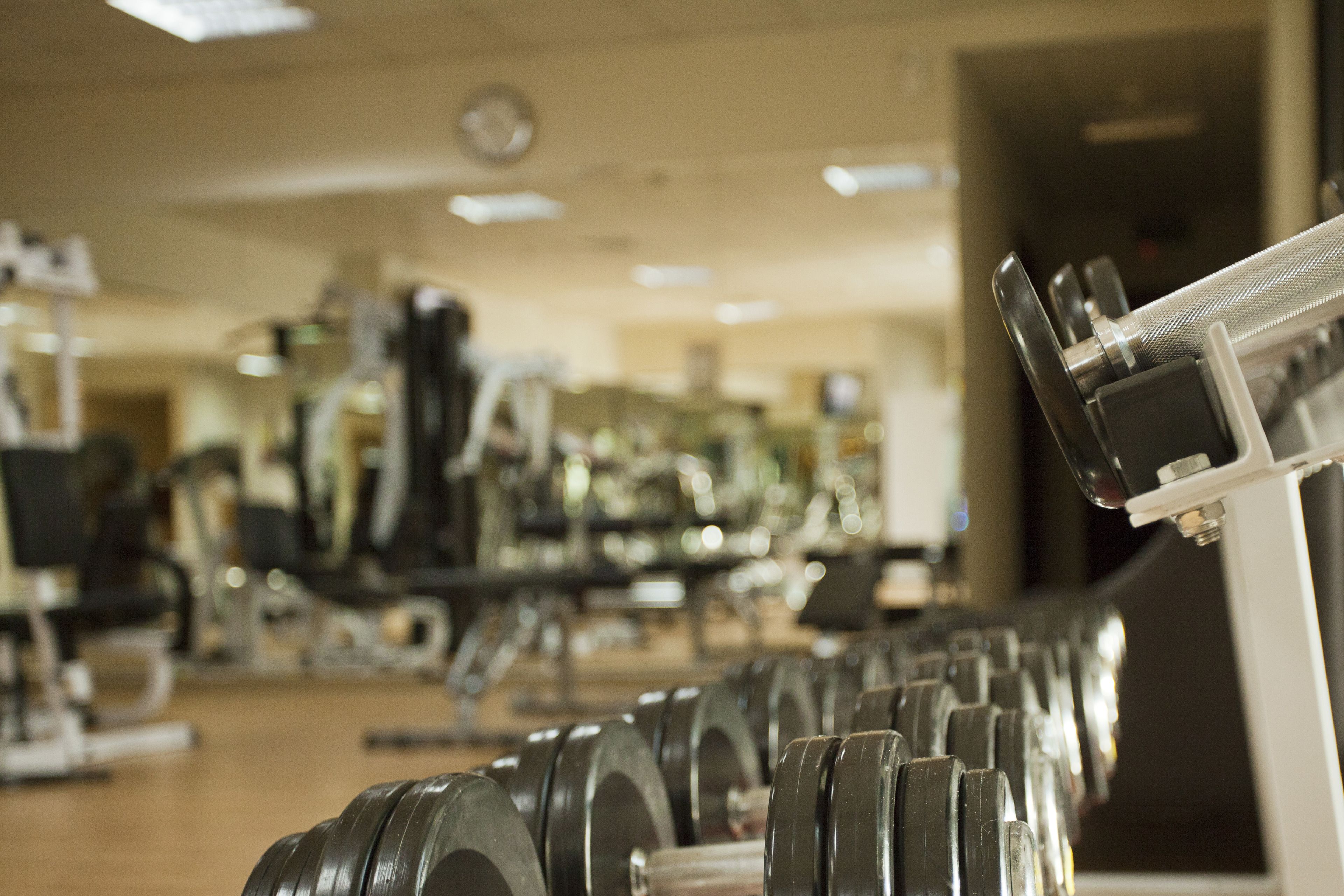 A gym with rows of dumbbells and exercise equipment.
