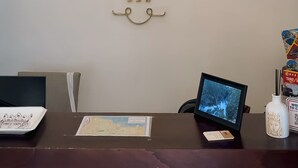 Een receptiebalie met een lijst met kunstwerk erboven, met de naam 'SANTUZZA HOTEL'.
