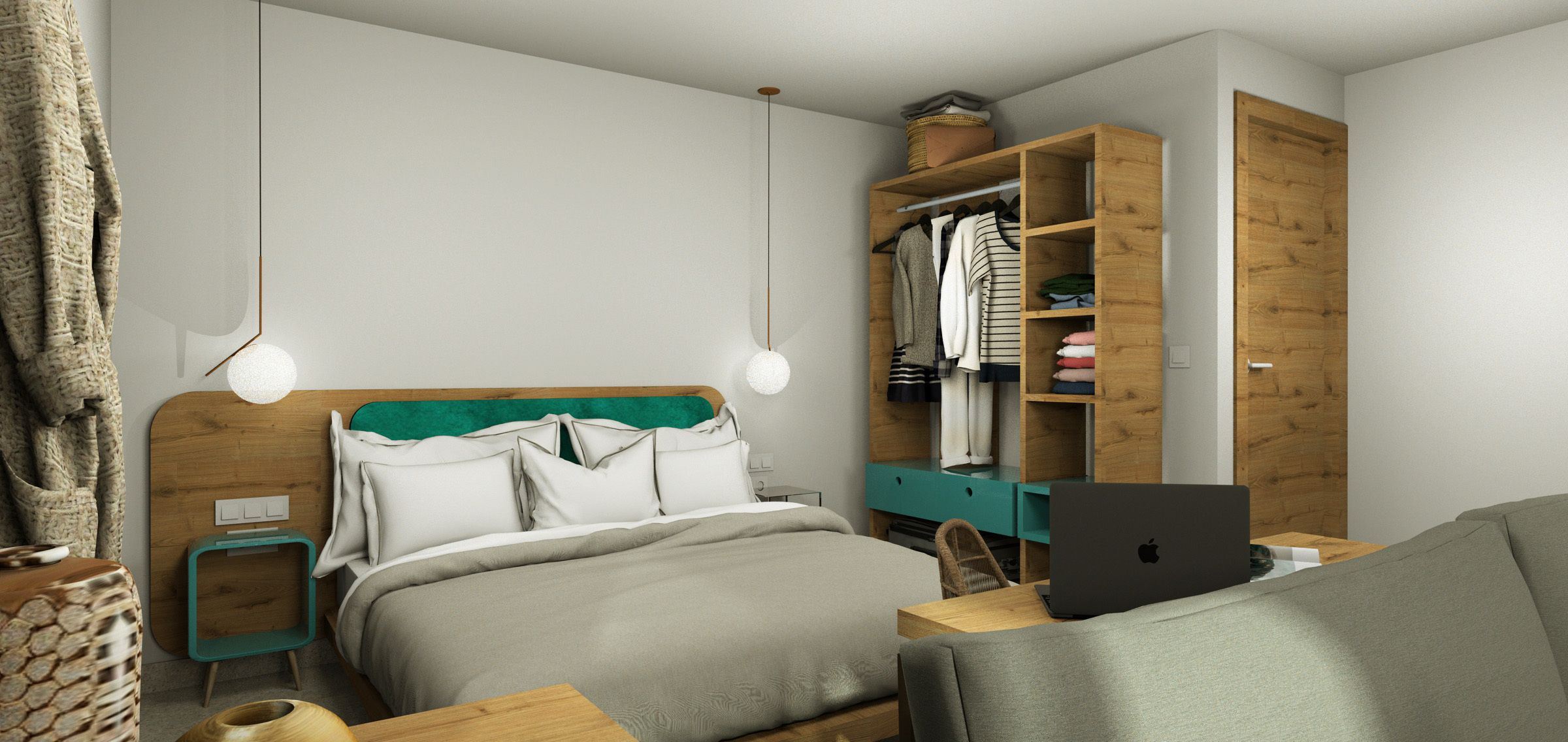 A modern bedroom with a bed, bedside tables, a desk, a laptop, a wardrobe, and a hanging light fixture.