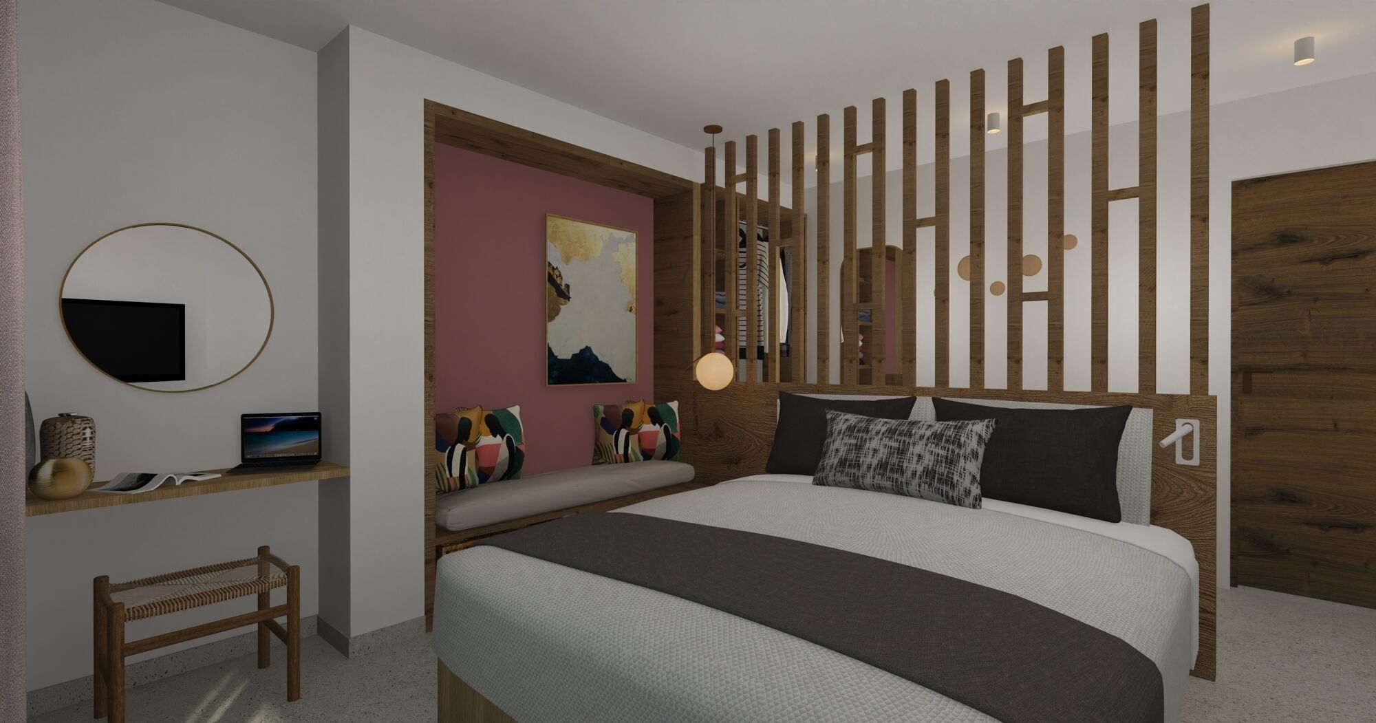 Ein modernes Schlafzimmer mit Bett, Schreibtisch, Stuhl und einem an der Wand befestigten Fernseher.