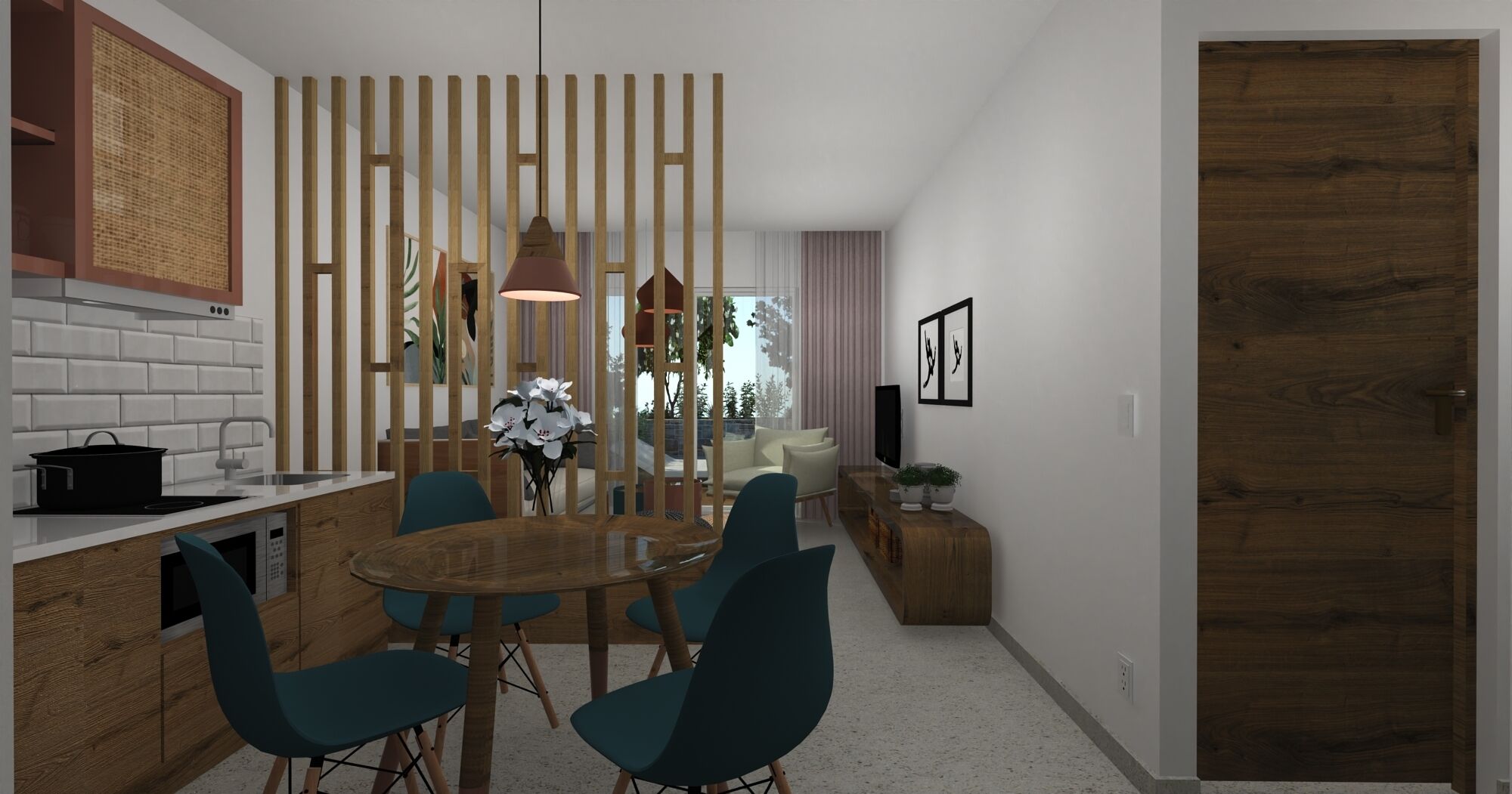A modern kitchen with a wooden island, a dining area with teal chairs, and a wooden door.
