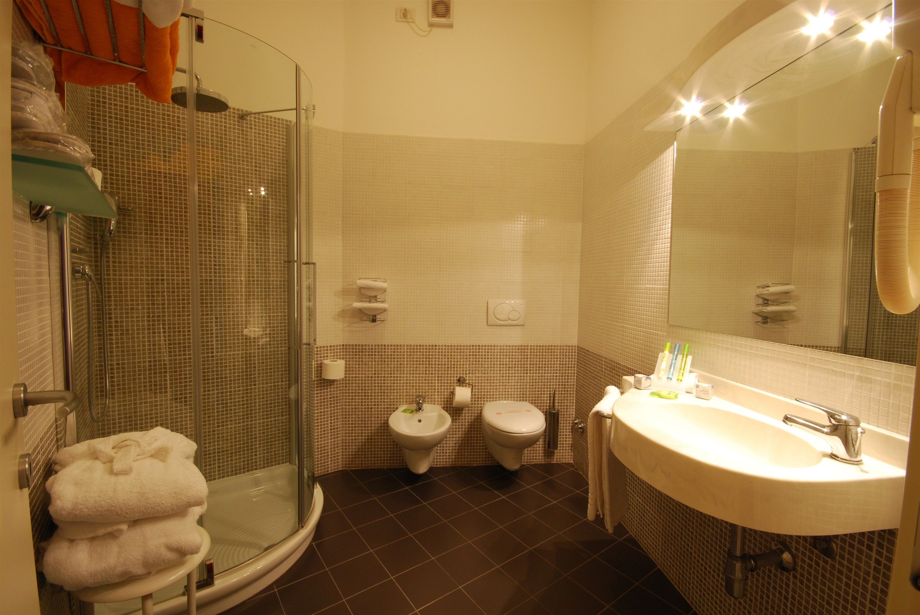 shower, hair dryer, bathrobes, slippers