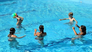 Seasonal outdoor pool, pool umbrellas, pool loungers