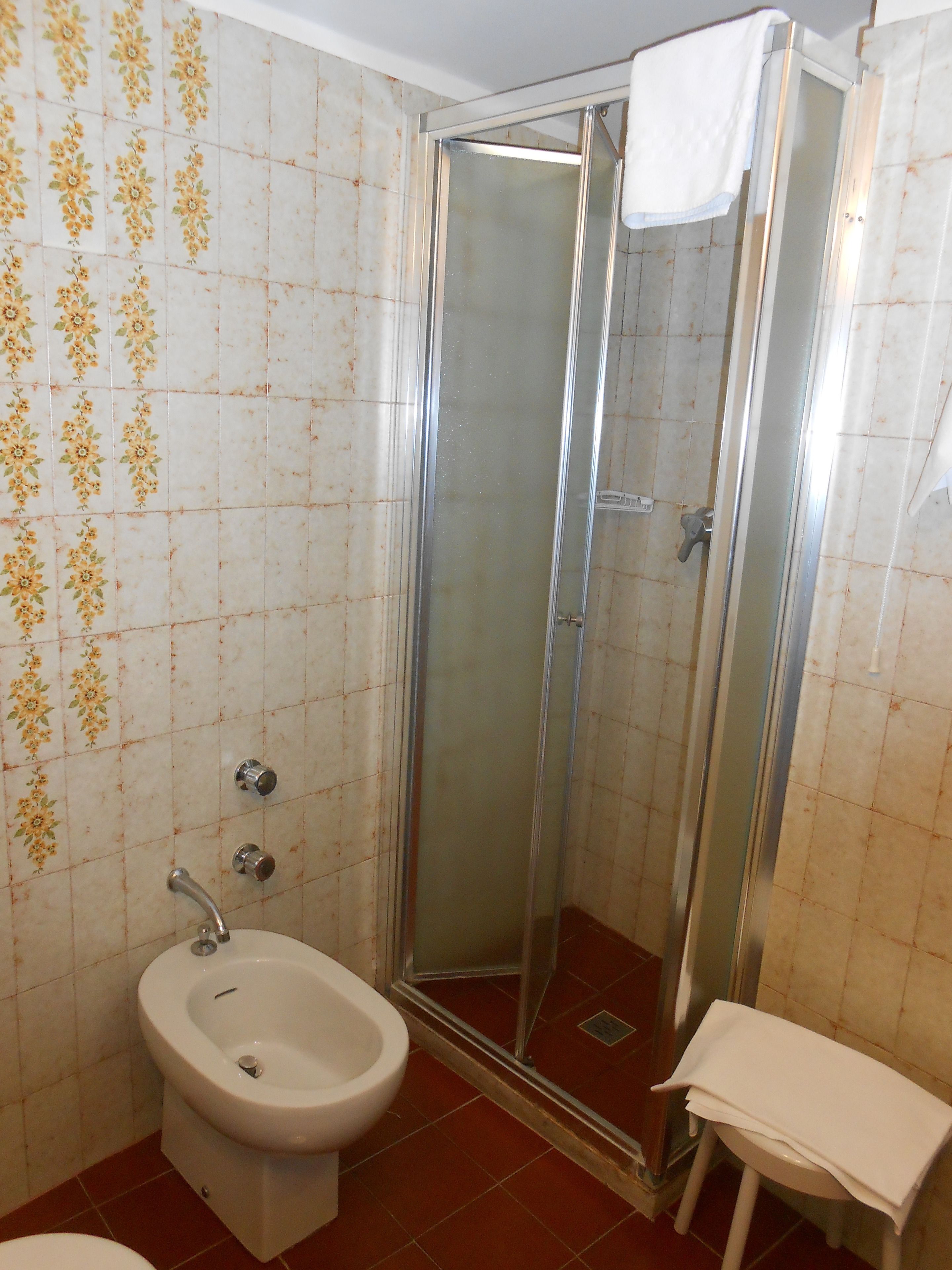 Un baño con ducha, bidé e inodoro.