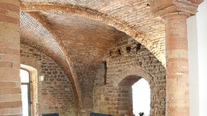 A room with a high arched brick ceiling, a large red patterned rug, and two blue sofas. - Lo Spedalicchio (Bastia Umbra)