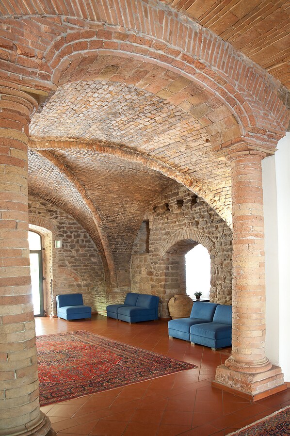 A room with a high arched brick ceiling, a large red patterned rug, and two blue sofas. - Lo Spedalicchio (Bastia Umbra)