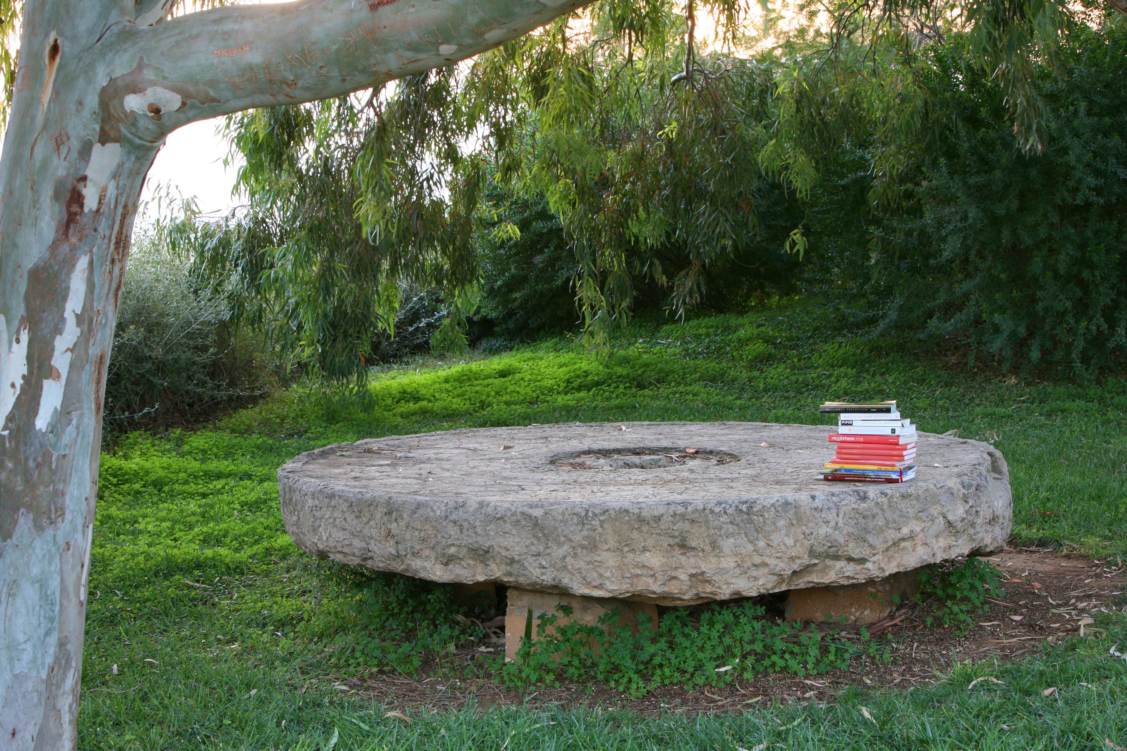 A stone bench with a stack of books on it, surrounded by greenery and trees.