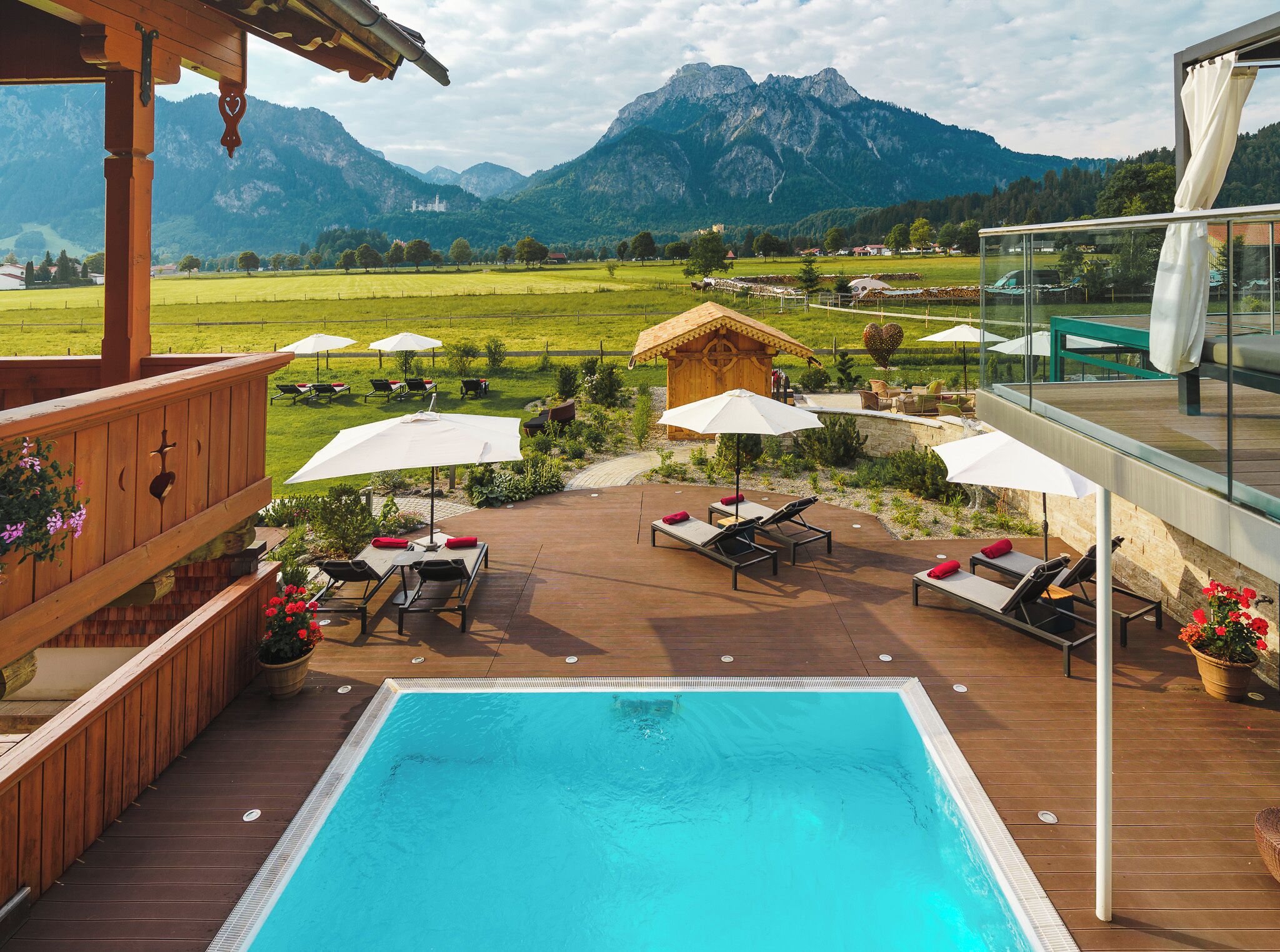 Outdoor pool, pool umbrellas, sun loungers