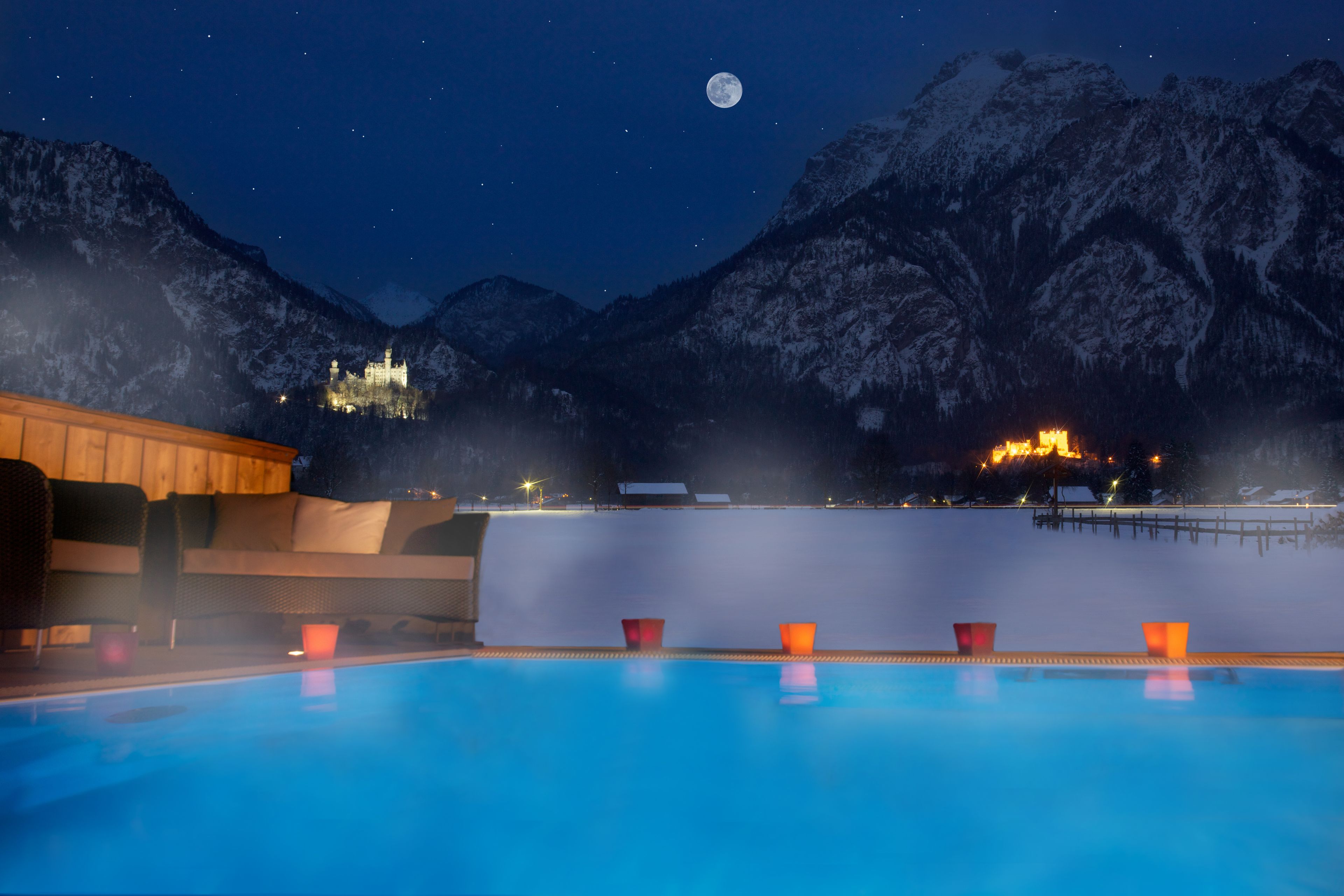 Outdoor pool, pool umbrellas, pool loungers