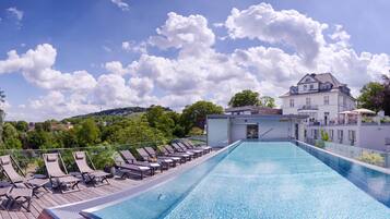 Indoor pool, outdoor pool, pool loungers