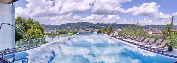 Indoor pool, outdoor pool, pool loungers