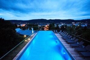 Indoor pool, outdoor pool, pool loungers