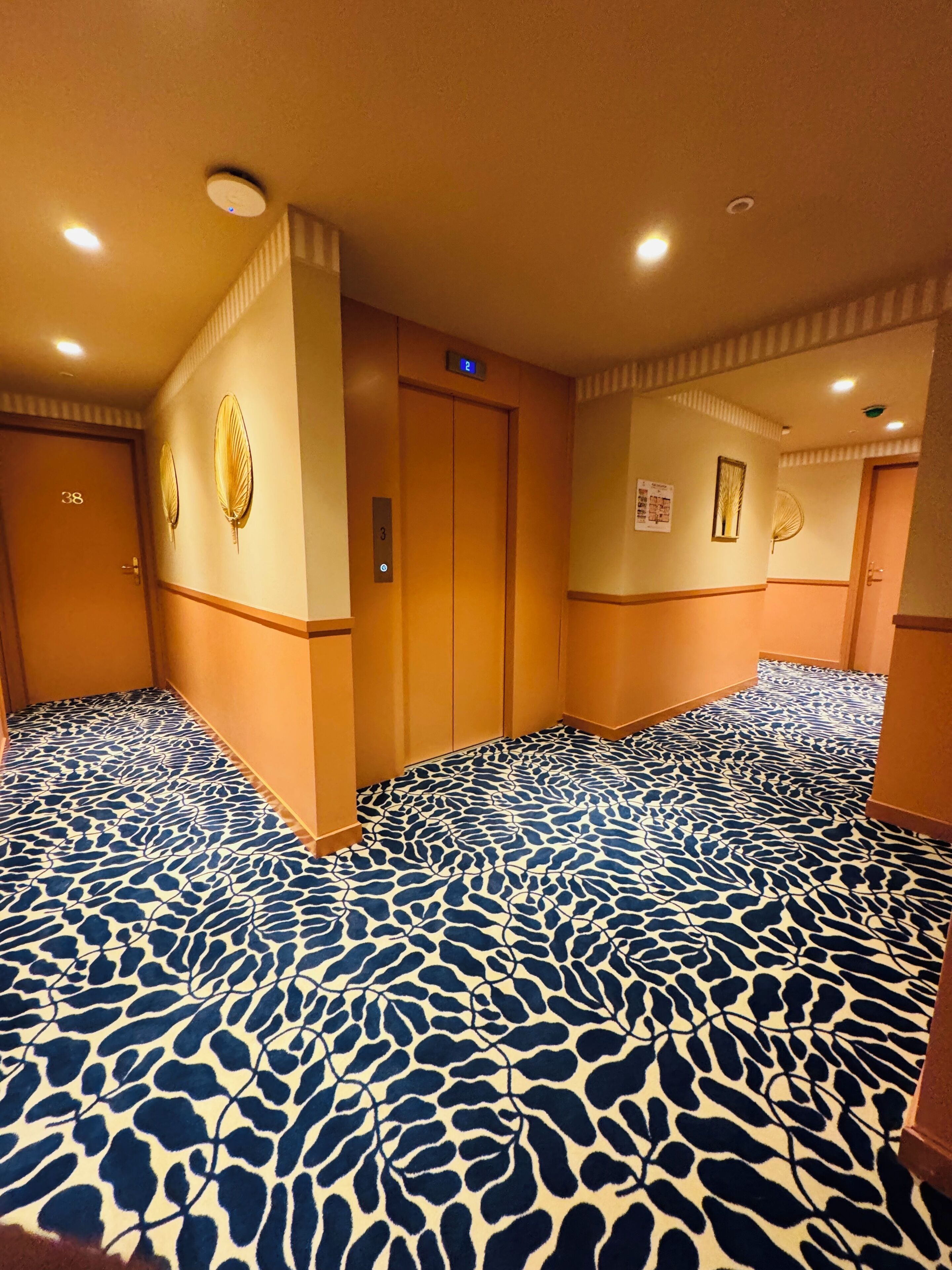 Pasillo de hotel con alfombra estampada, paredes de madera y puertas con los números 38 y 3.
