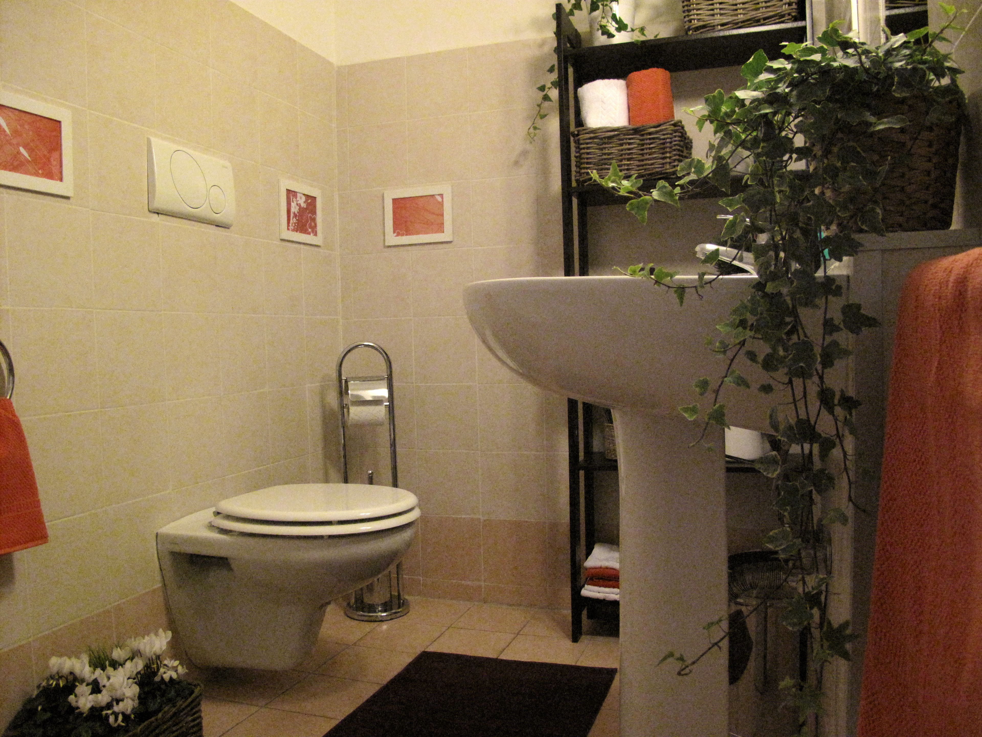Ein Badezimmer mit Toilette, Waschbecken und Regalen mit Körben und Handtüchern.