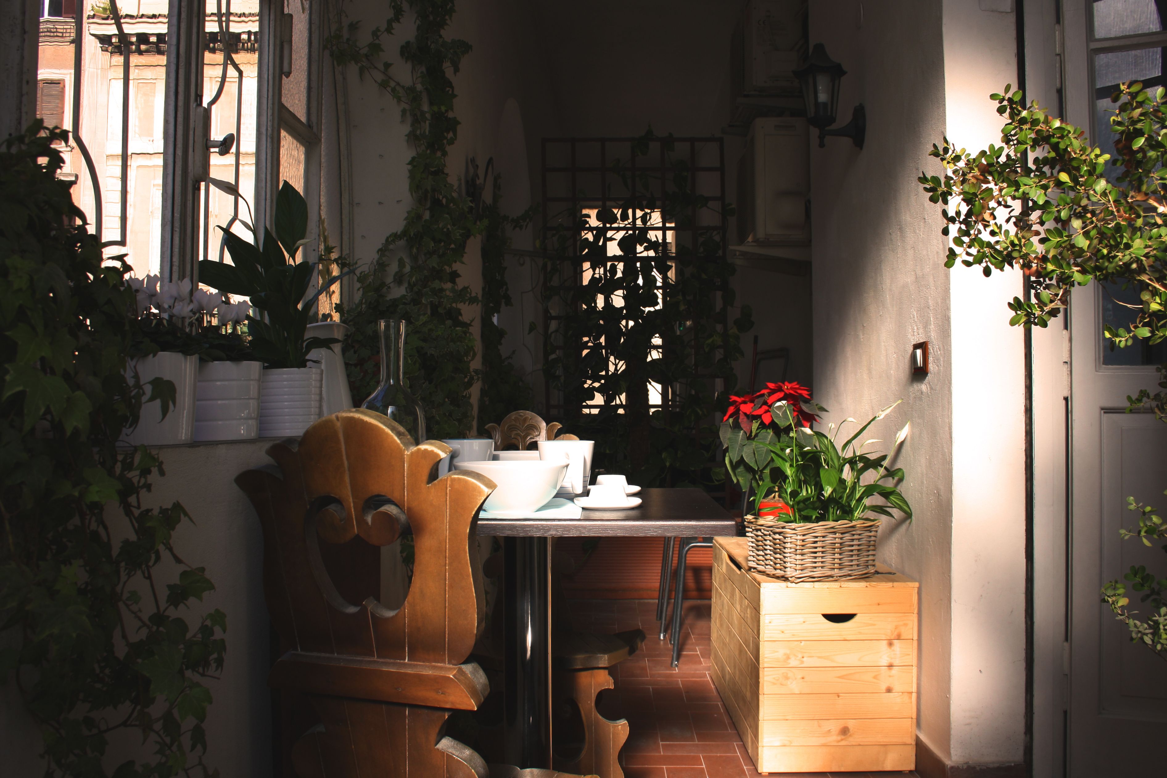 A cozy dining area with a wooden table and chairs, surrounded by potted plants and a wicker basket.