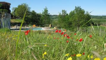 Una piscina envoltada d'una zona verda amb flors vermelles i grogues, arbres i un cel serè.