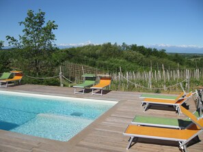 Outdoor pool, pool umbrellas, sun loungers