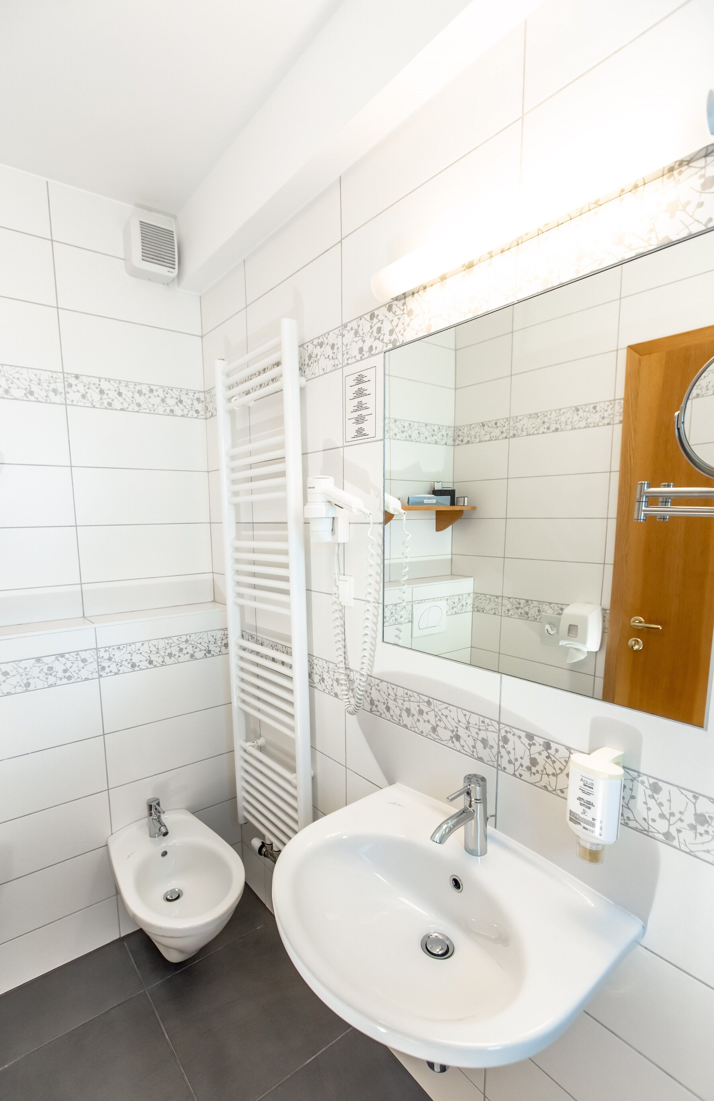 Une salle de bain moderne équipée d’un bidet, d’un lavabo et d’un miroir.