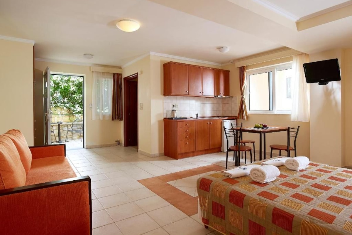 A hotel room with a bed, a sofa, a dining table, a kitchen area, and a TV.